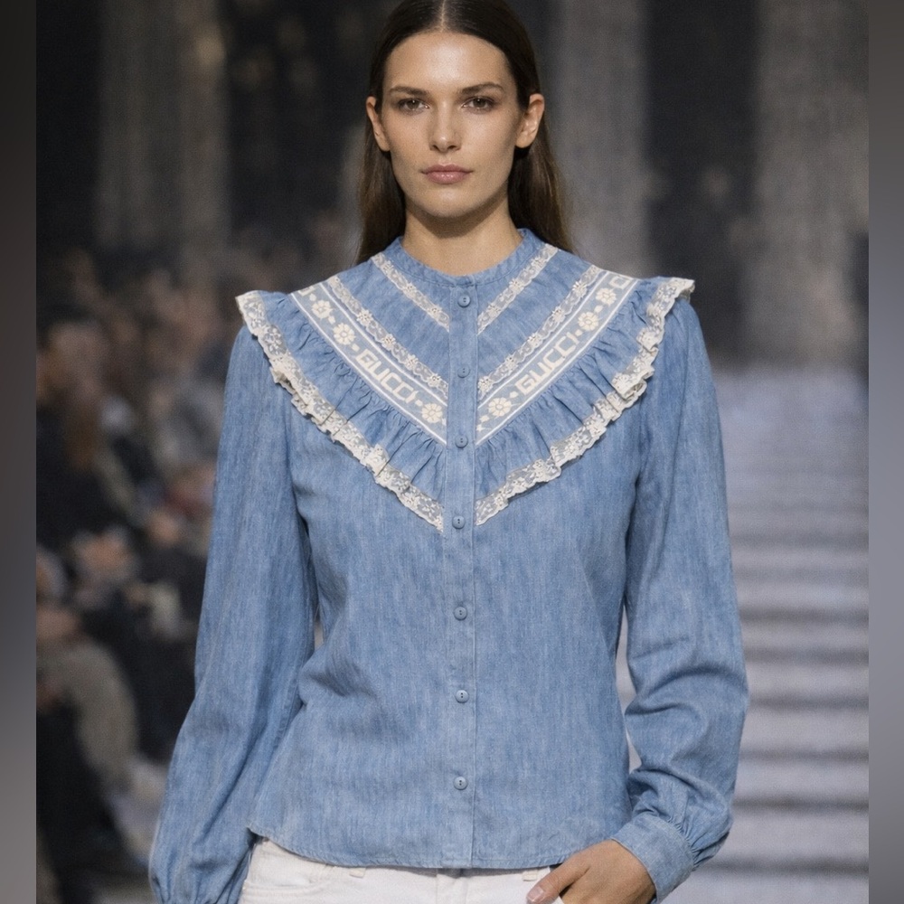 Authentic Gucci Light Blue Denim Shirt with Lace Detail size 36